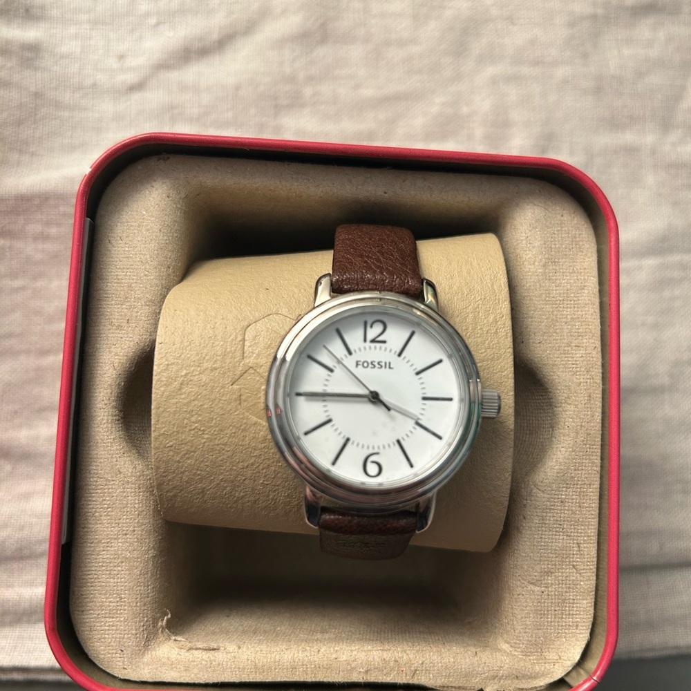 Fossil Brown Leather Watch with Large Round Face and Silver-Toned Case